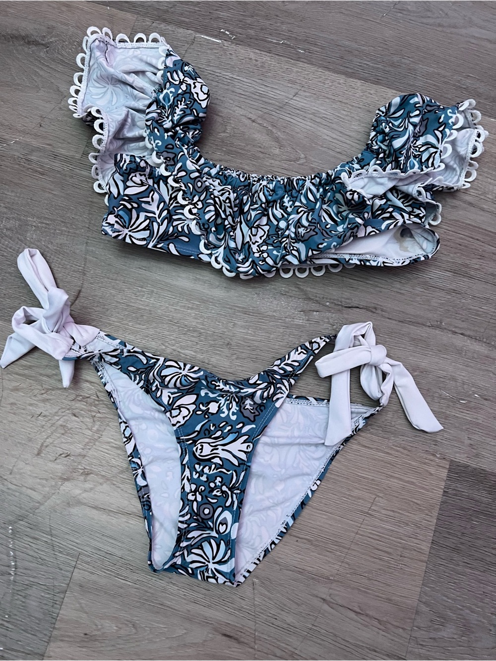 Blue and White Floral Ruffle Bikini Set
